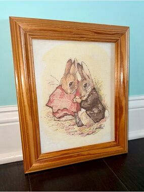 Vintage Framed Cross-Stitch Beatrix Potter Peter Rabbit  Bunny Embroidery